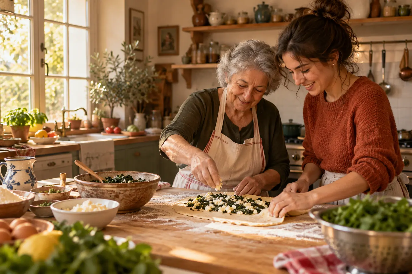 Eine ältere und eine jüngere Frau kochen gemeinsam in einer warmen Familienküche.