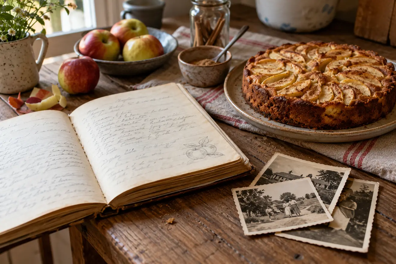 Ein altes handgeschriebenes Rezeptbuch, Familienfotos und ein frisch gebackener Apfelkuchen auf einem Holztisch.