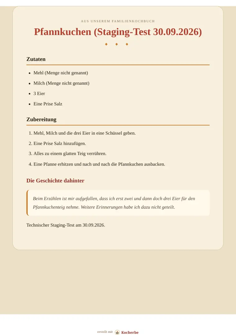 Ein mit Kocherbe erstelltes Rezept-PDF mit Zutaten, Zubereitung und Erinnerung.