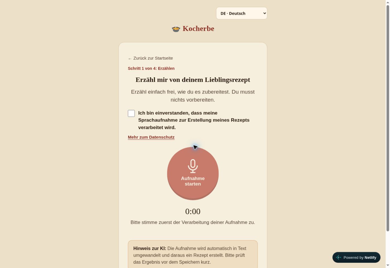 Kocherbe-Aufnahmeoberfläche mit Einwilligung und Aufnahme-Button.